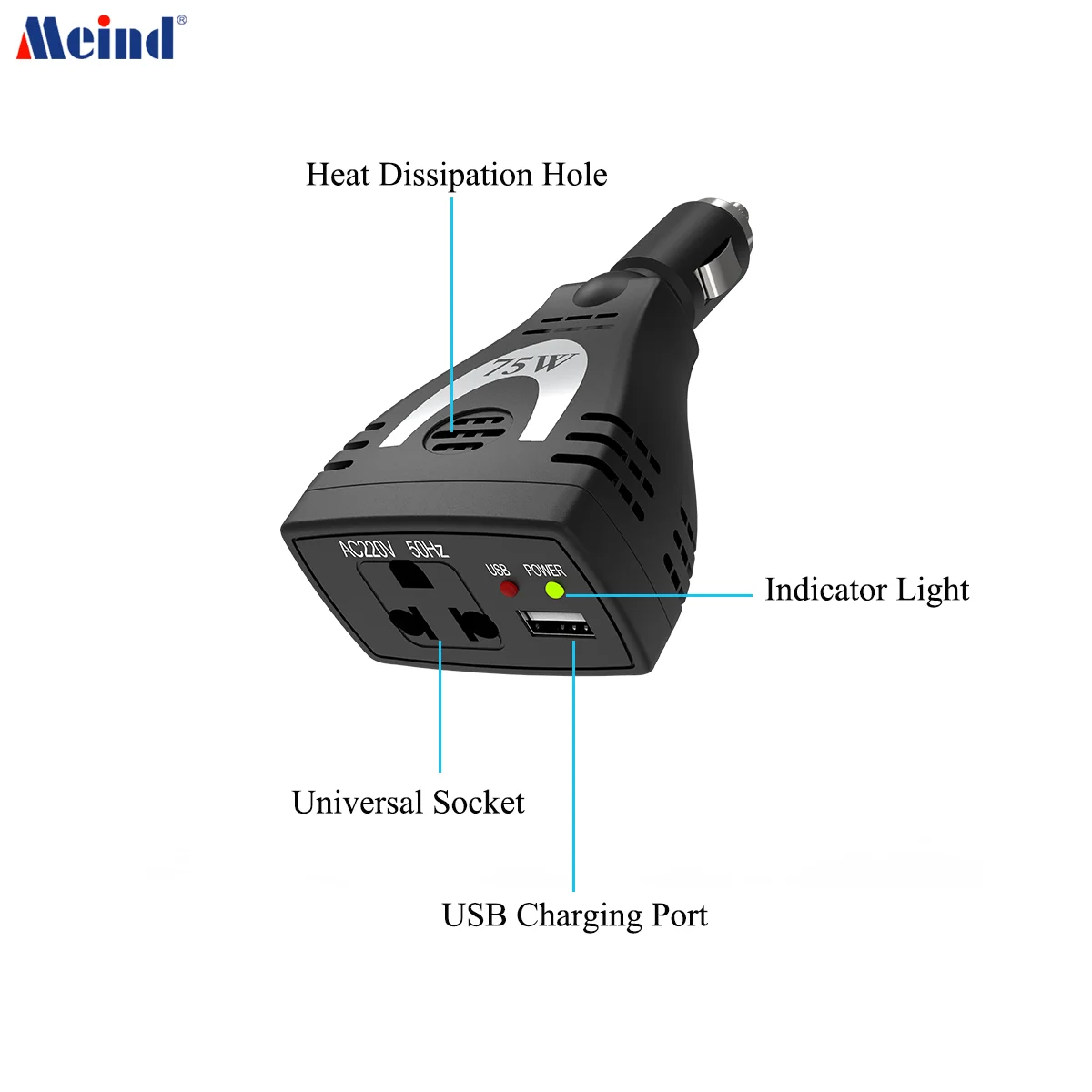Meind 75W Power Inverter DC 12V to AC 220V Car Charger Plug in Adapter Outlet with USB Port Portable Power Converter for  Car