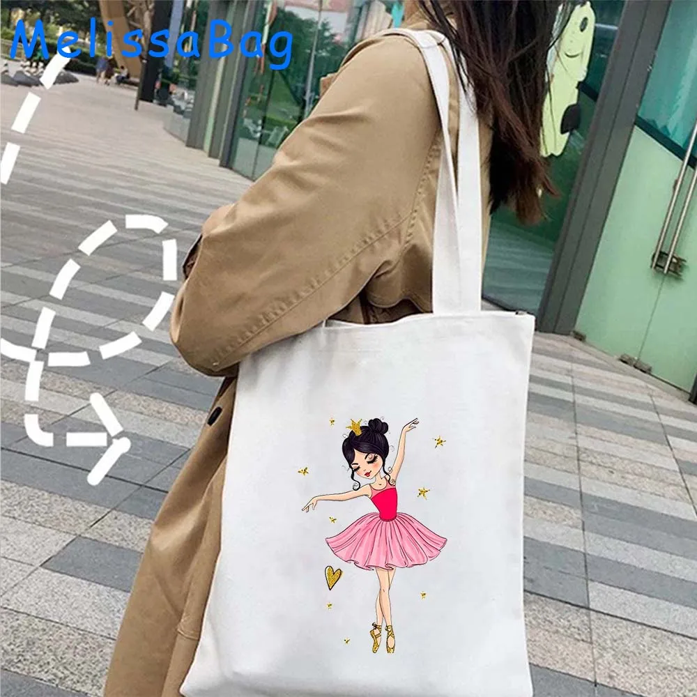 Ballerina Girl Silhouette Canvas Shoulder Tote Bag Hearts Love Dance Ballet Dancer ginnastica regali carini Harajuku Cotton Handbag