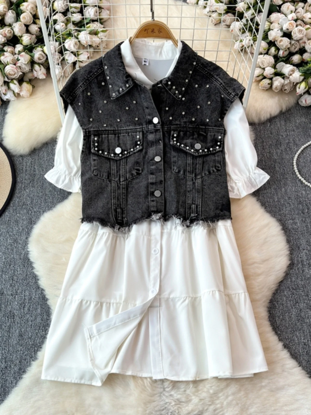 Summer Autumn Two Piece Set Women Vest Jacket Denim Jeans Coat Short Mini White Dress Shirt 2pcs Outfits