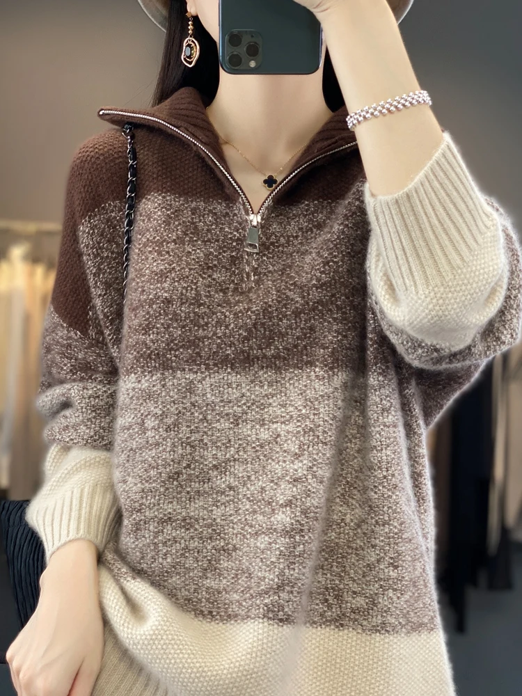 Zipper Women Fashion Sweater Autumn Winter Thick 100% Merino Wool Turn Down Collar Pullovers Cashmere Knitted Vintage Style Tops