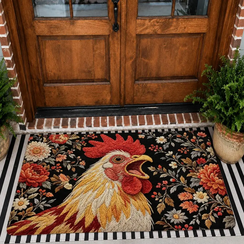 Screaming Beasts Floral Embroidery Floor Mat Flannel Rug Non Slip Absorbent Soft Washable For Entryway Hallway Kitchen Decor