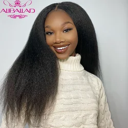 4x4 e 13x4 peruca dianteira do laço peruano kinky fechamento reto perucas de cabelo humano pre-arrancadas 150% densidade remy aliballad cabelo