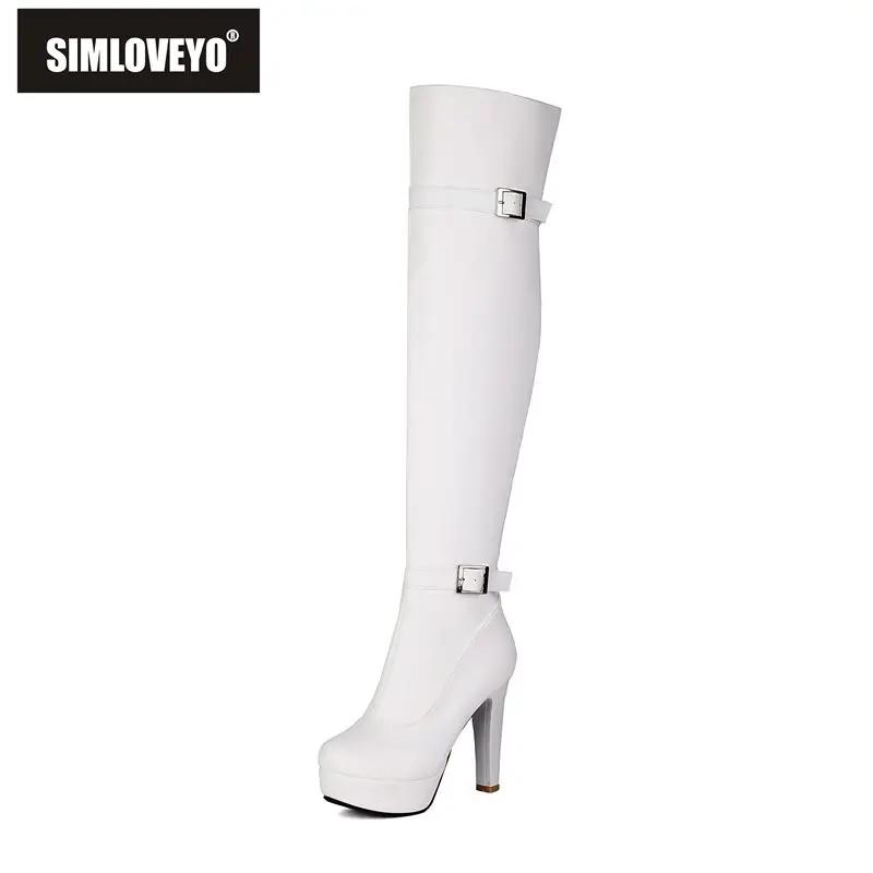 

SIMLOVEYO Sexy Women Thigh Boots Round Toe Ultrahigh Heels 11.5cm Platform Zipper Belt Buckle Plus Size 41 42 43 Party Club Bota
