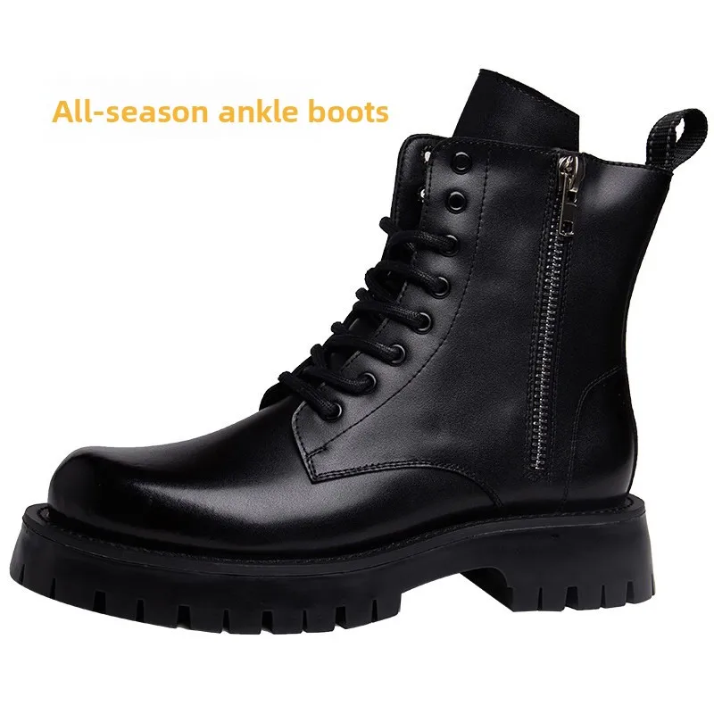 Men Winter Leather Ankle Boots Plush Lined Warm Thick Platform Sole Side Zipper Lace Up Non Slip Casual Shoes