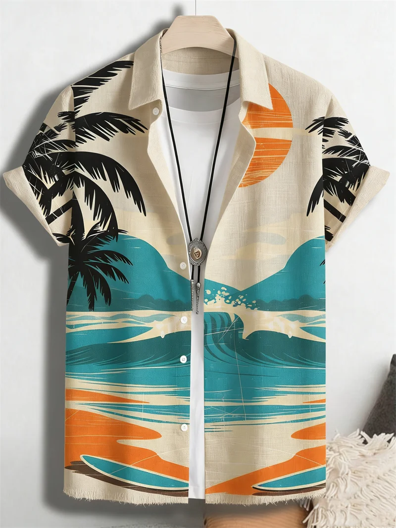 

New retro casual red tiger 3D coconut tree printed linen short sleeved shirt men's top lapel shirt clothing