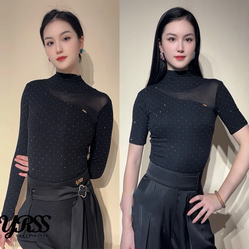 

2025 Rhinestone Black Latin Dance Tops Women Ballroom Dance Performance Costume Waltz Dance Competition Wear Leotards BL15769