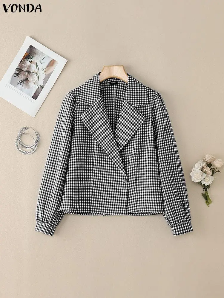 VONDA, camisas elegantes a la moda para oficina para mujer, blusa a cuadros de manga larga para mujer, Blusas informales holgadas con estampado Vintage para otoño 2025, Tops para mujer