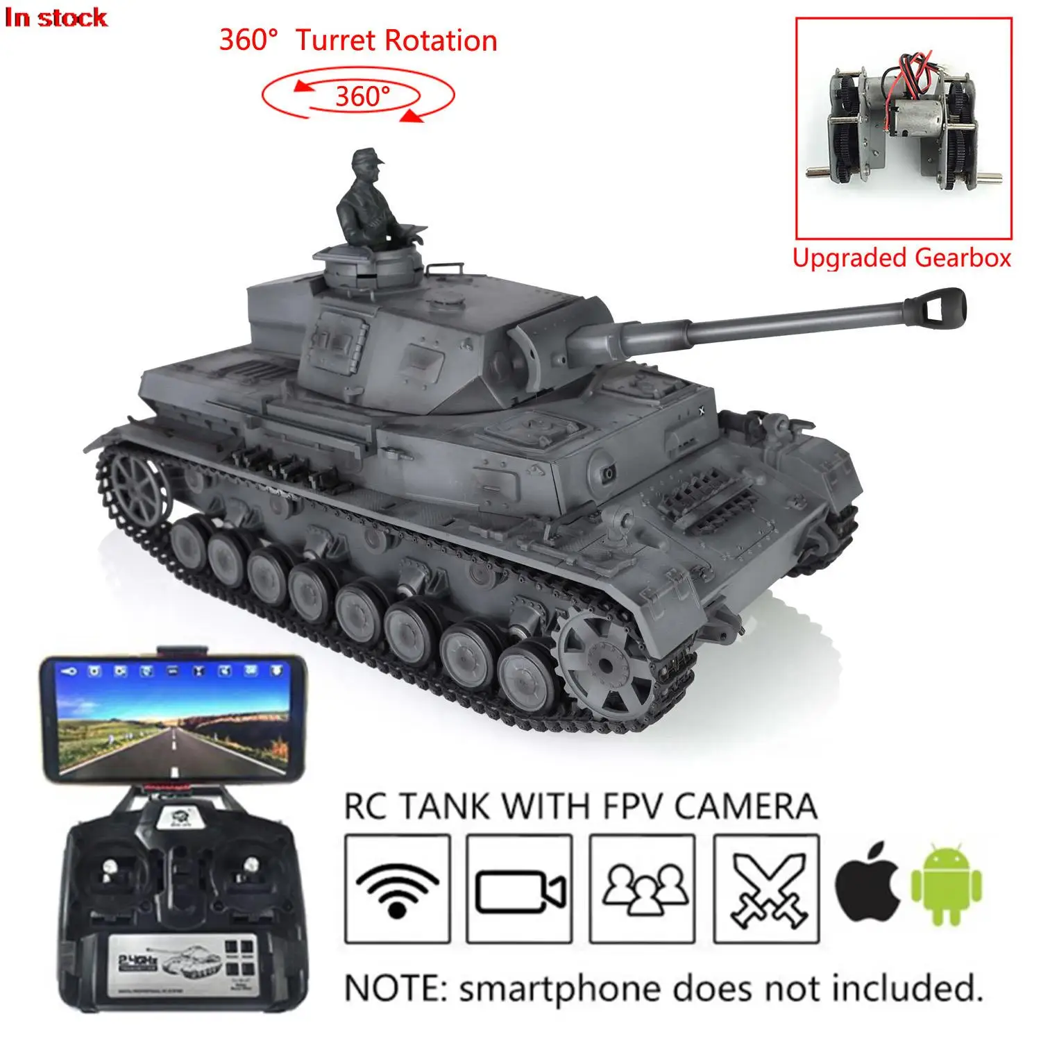 

2.4G Henglong 1/16 7.0 Panzer IV F2 RC Tank 3859 FPV 360° Turret Steel Gearbox Speaker BB Pellets Smoke Unit Infrared TH17413