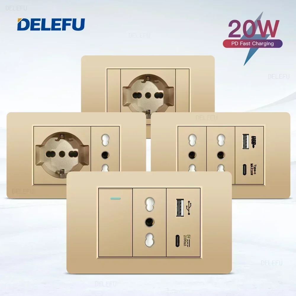 DELEFU Gold Retardant PC Panel Italy Standard Type C EU Outlet Plug Wall Socket Light Switch Chile SAT TV Tel CAT5 CAT6