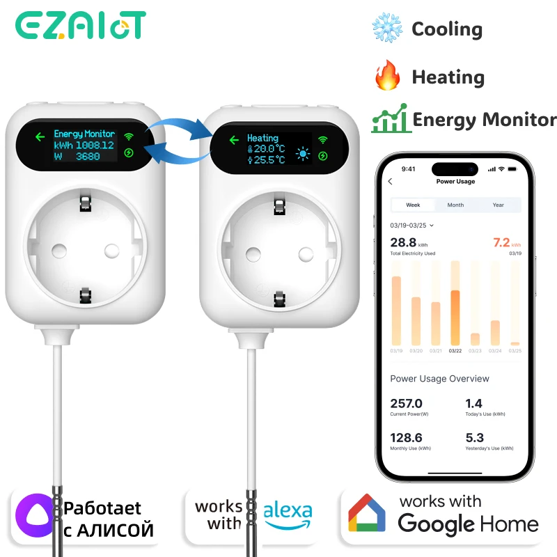 

Умный термостат с мониторингом энергопотребления, Wi-Fi, Tuya, для отопления и охлаждения, контроллер температуры, розетка-таймер, голосовое управление Google