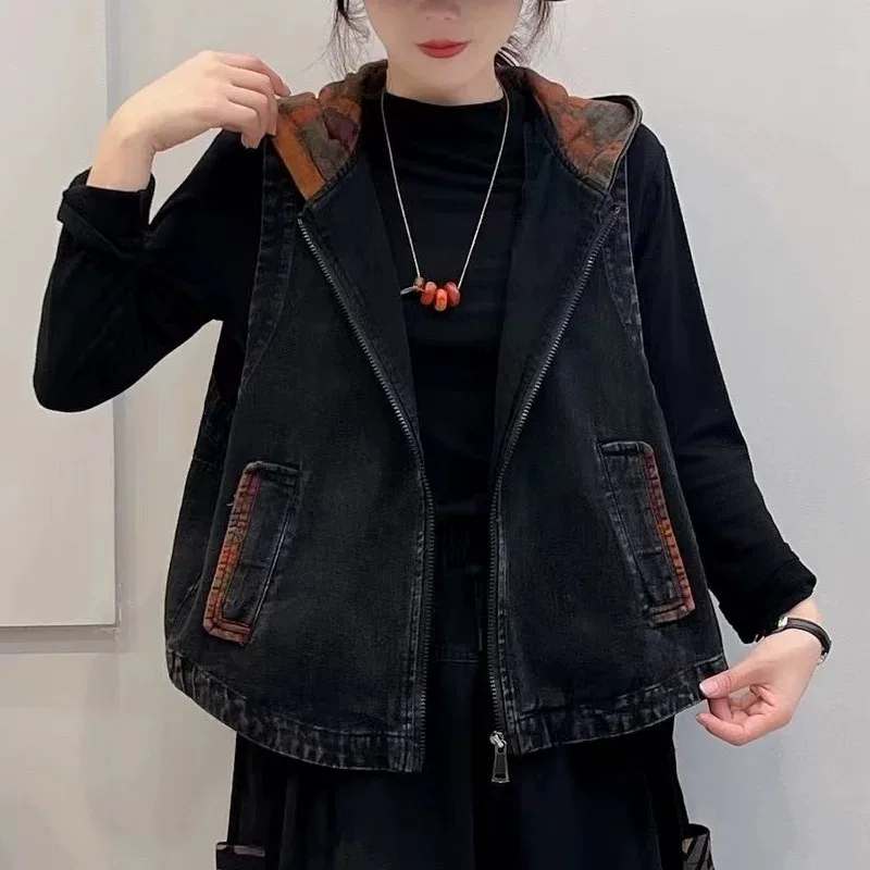 

High-End Women's Denim Jacket Vest Spring Summer New Arrival Hooded Top Comfortable Lightweight Casual Outerwear Zipper Closure