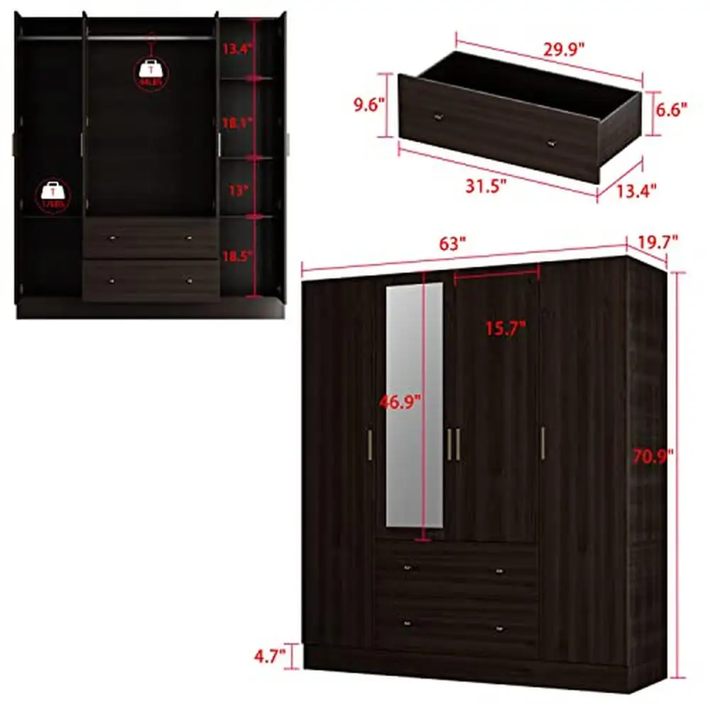 Large Freestanding 4 Doors Armoire Wardrobe Closet with Mirror Drawers & Hanging Rods Modern Style Storage Solution Clothes