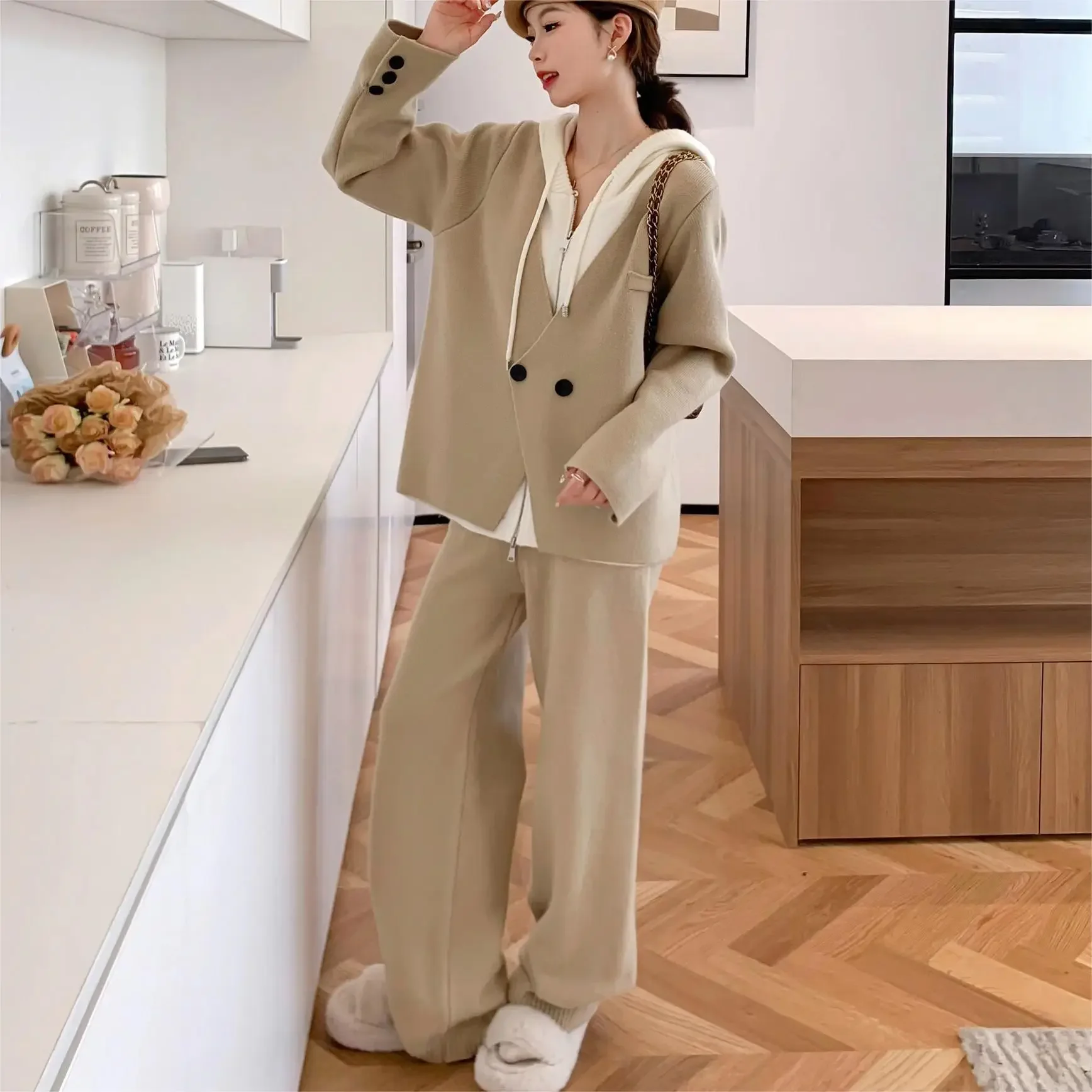 Muslim Tracksuit Women Hooded Sweatshirt Zipper Buttons Sweater Wide Leg Pants Suit Casual Ensemble Knitting 2 Piece Sets