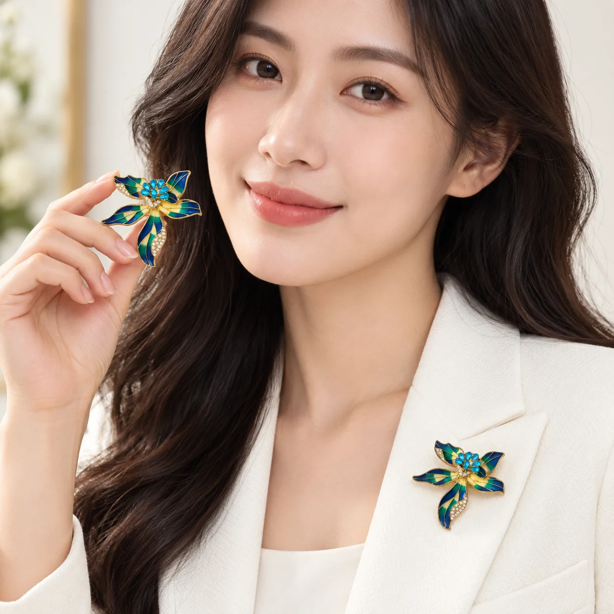 Blue-Green Enamel Flower Brooc - Photography Lighting Style review and price