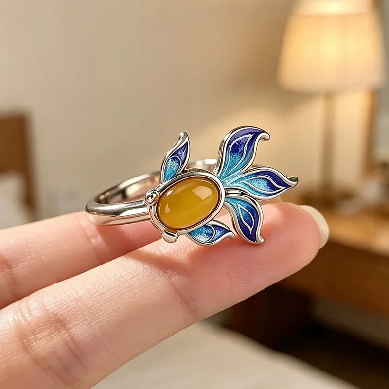 New Fashion Creative Enamel Color Butterfly 925 Sterling Silver Jewelry Elegant Temperament Goldfish Animal Opening Rings 02931