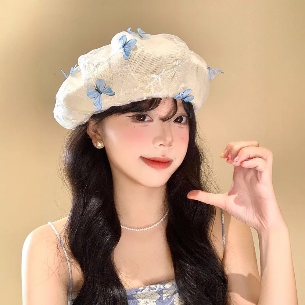 Fashionable Three-dimensional Butterfly Beret Mesh All-match Knitted Hat Embroidery Women's Beret Summer