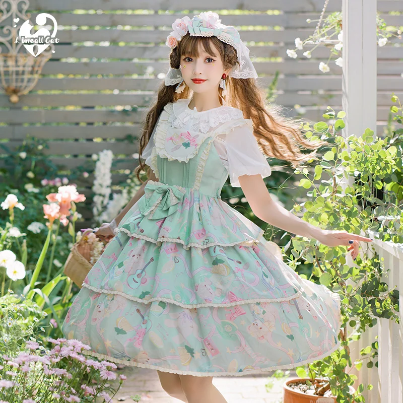 Lolita Lief Meisje Pastorale Stijl Schattige Beer Print Kant Strik Hoge Taille Victoriaanse Jurk Kawaii Meisje Cosplay Cos Loli