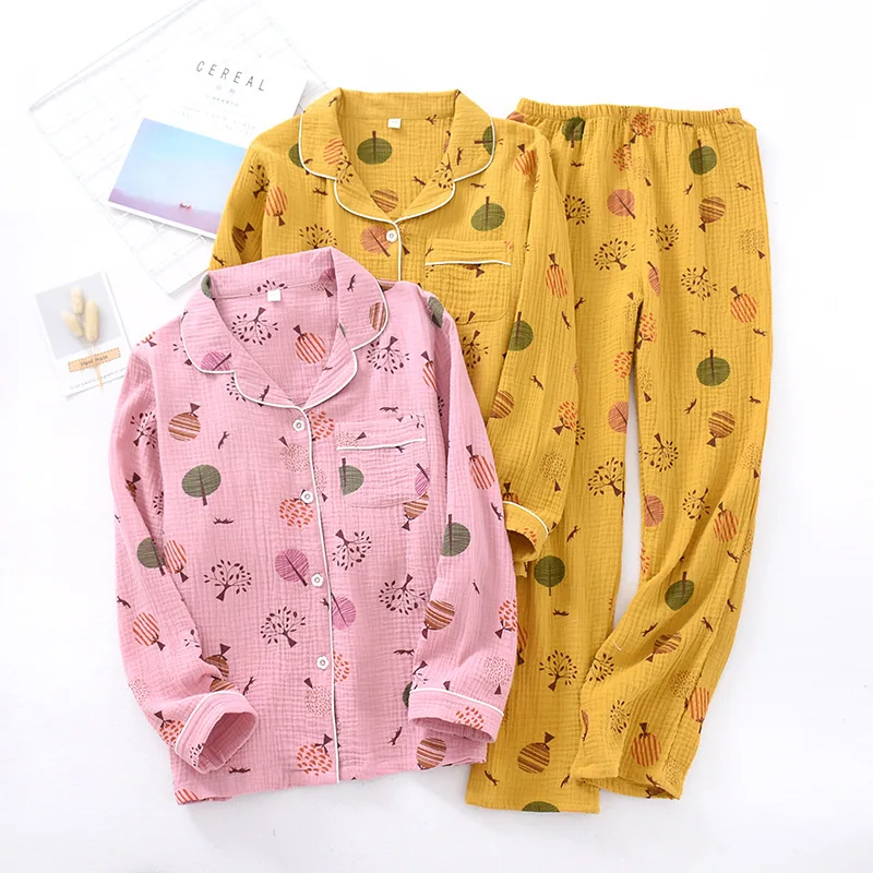 

Crepe Lapel Pajama Set Women Print Thin Cotton Double Yarn Sleepwear Autumn Long Sleeve Pants Loose 2PCS Ladies Home Nightgown