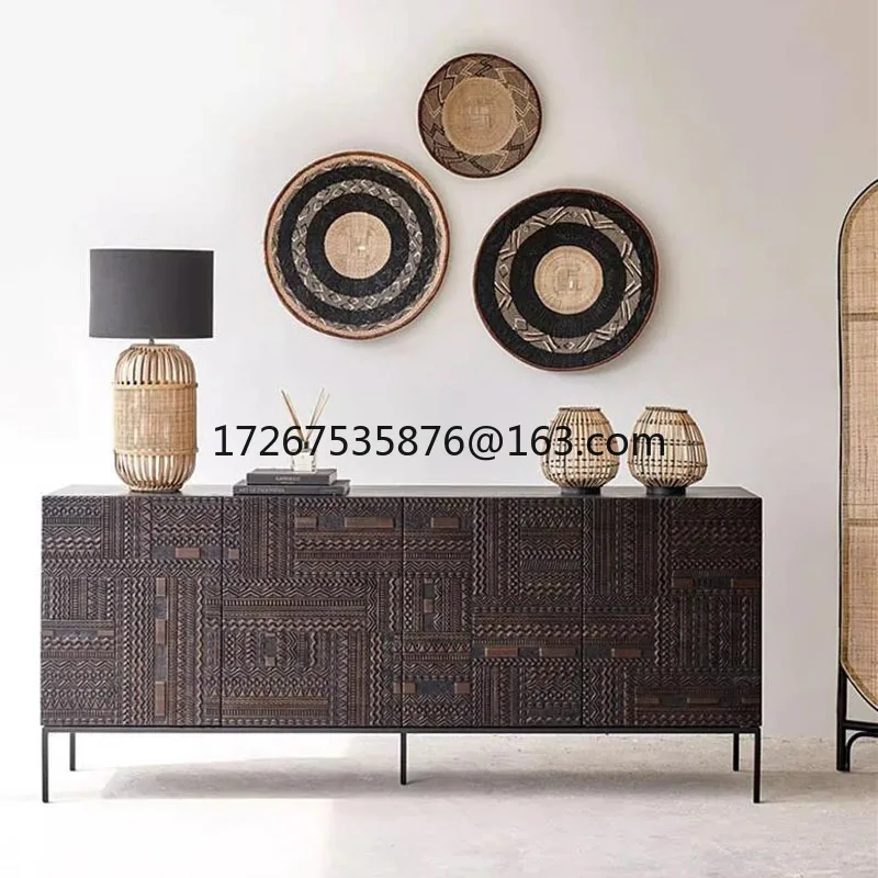 

Light luxury teak tower tile carved dining side cabinet medieval industrial style solid wood door cabinet bedroom TV cabinet