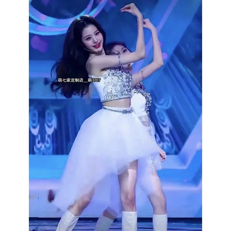 DY20Kpop Stage WonYoung Same Sexy Diamond Dress Women's Clothes  Strap Hollow Out Sleeveless Slim Sheath Spring Summer Mini Dres