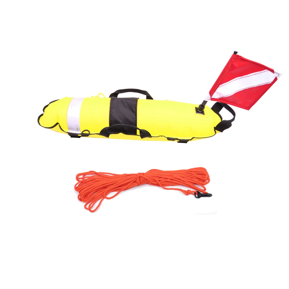 Flotador de señal de boya marcador de superficie de seguridad para buzo de inflado con bandera y cuerda, para buceo libre y snorkel