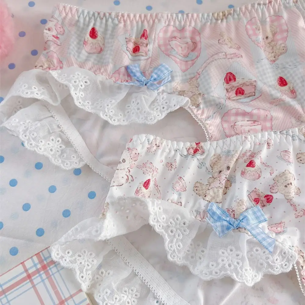 الحلو نقطة Bowknot الدب سراويل منخفضة الخصر الكرتون مقوس دانتيل ملخصات السروال لوليتا كشكش سراويل النساء سيدة #5