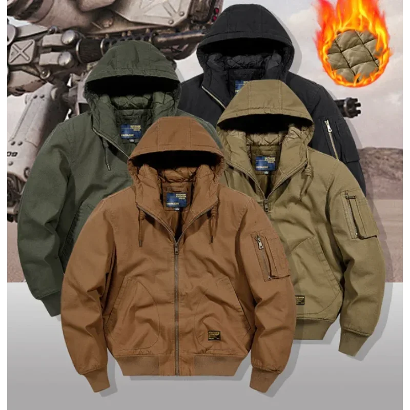 

Men's Fashion Bomber Jacket Hooded Fleece Thickened Warm Solid Color Cotton Top Baseball Jacket Autumn Winter New Casual Parkas