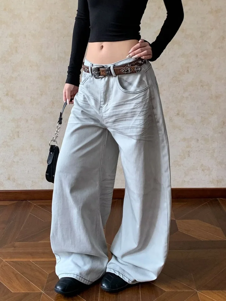 2025 American Retro Y2K Style Dirty Washed White Baggy Women's Jeans Pants For Woman Clothes Wide Leg Cotton Loose Long Trousers