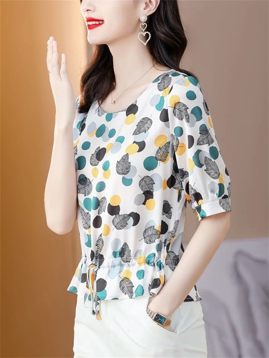 Woman Summer Style Blouses Shirts Lady Casual Short Sleeve O-Neck Polka Dot Printed Blusas Tops DF4585