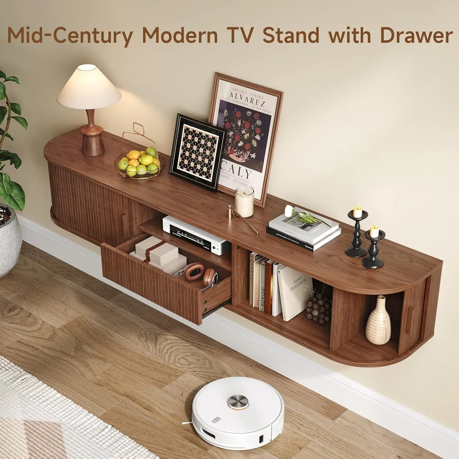 70 Inch Smart Floating TV Stand with LED Lights & Power Outlet - App Control Entertainment Center for 80" TVs, Mid-Century Modern Fluted Wood Design Living Room Storage Cabinet,Walnut view 7