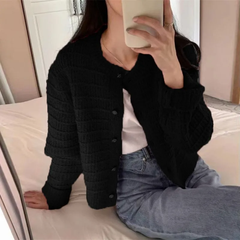 Retro Knitted Round Neck Solid Color Texted Cardigan Autumn Women\'s Button Loose Long Sleeve Sweater Casual All-Match Jacket