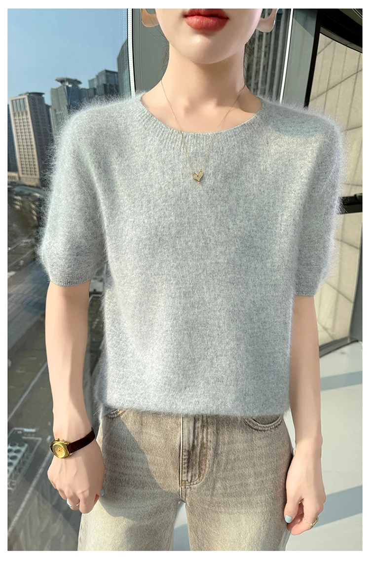 Neuer gestrickter Damen-Pullover aus 100 % Nerz-Kaschmir mit kurzen Ärmeln, einfacher und vielseitiger Damen-Pullover mit O-Ausschnitt der Marke FRSEUCAG – Detail 12