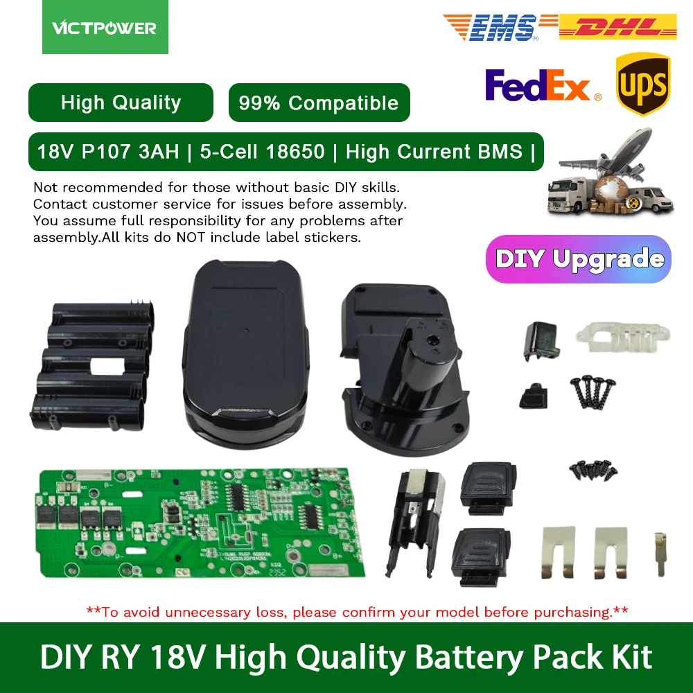 For Ryobi 18V Slide Battery Shell Kit Compatible with P107 3.0Ah 5S1P 18650 5 Cells High Current BMS for Cordless Power Tools