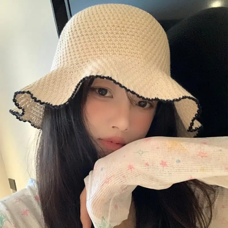 Women Foldable Woven Sun Hat Solid Color Breathable Straw Bucket Hat for Hiking Vacation Seaside