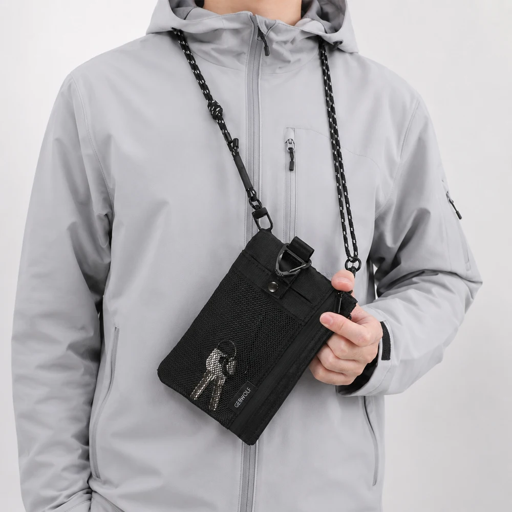 RFID-blockierende Reisebrieftasche mit Pass- und Handyfach, abnehmbarem Trageband und Schlüsselring, leichte Reisebrieftasche. – Detail 6