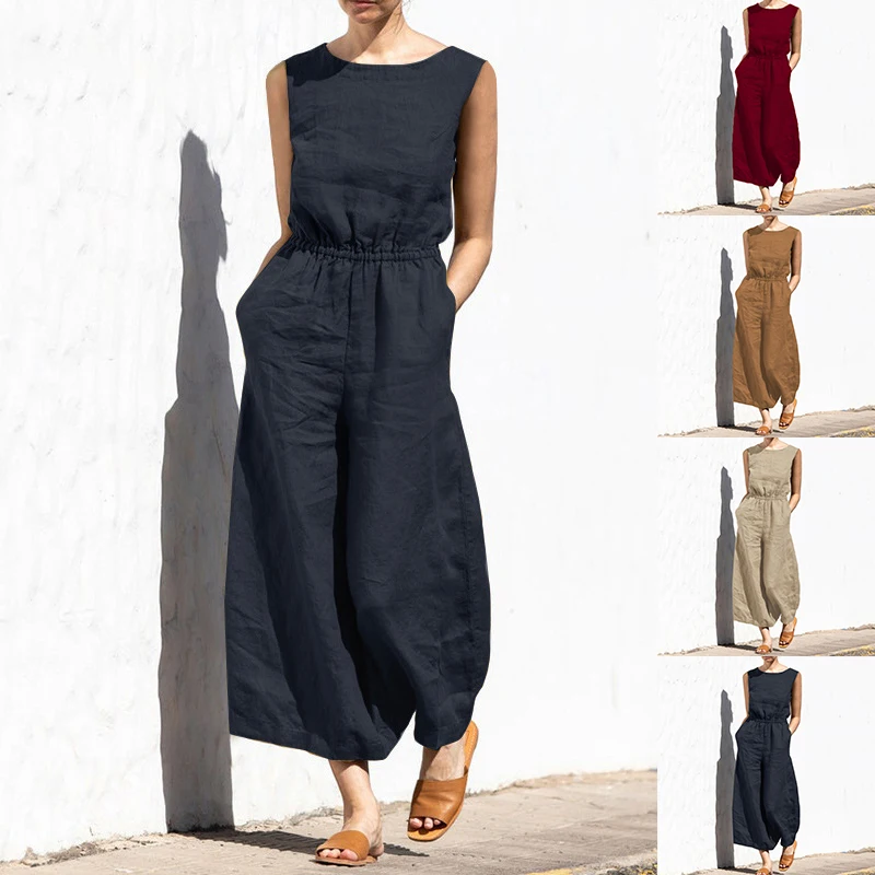 

2023 New Summer Women's Jumpsuit Elastic Waist Relaxed Wide Leg Pants Cotton Hemp Short Sleeve Jumpsuit For Women
