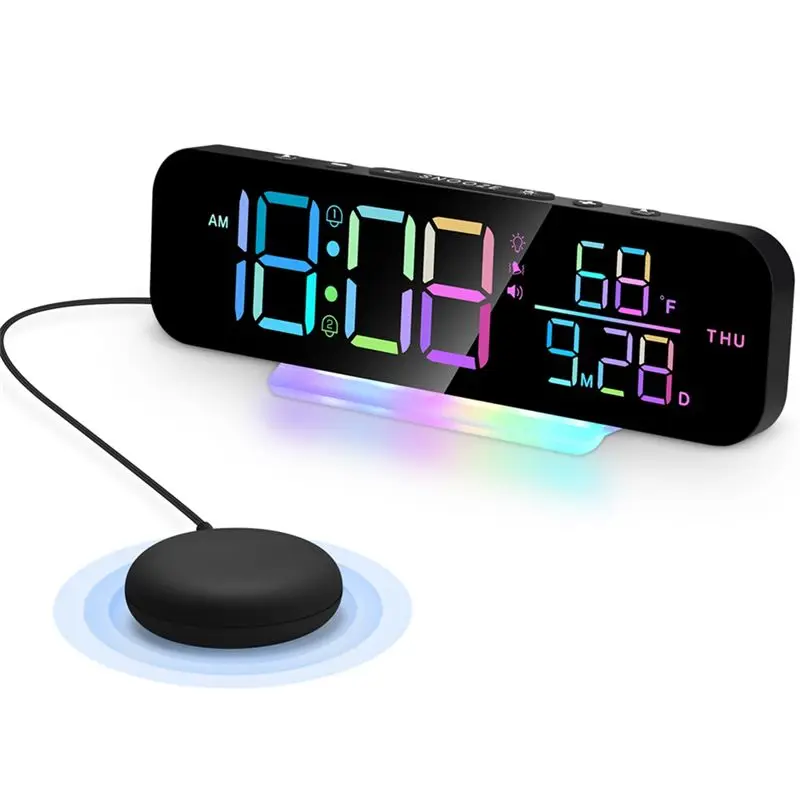 Stylish-Vibrating Clock With Super Loud Alarm And Bed Shaking Vibrator. Various Display Modes With Colorful RGB LED Night Light