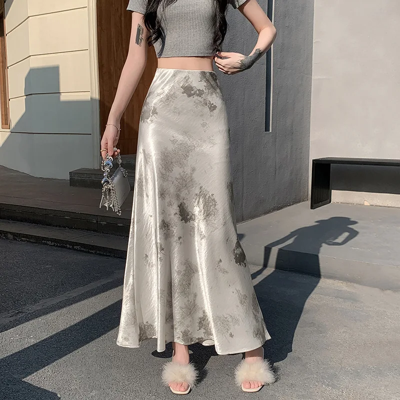 

Элегантная атласная юбка-рыбий хвост с высокой талией для женщин, летняя новая длинная юбка трапециевидной формы с запахом в китайском стиле