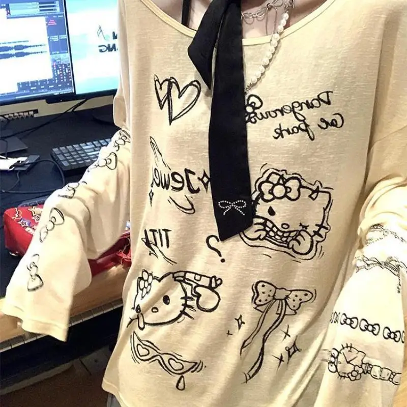 Lazy Style Spoof Kt Cat Printing Thin Long Sleeve T-Shirt Woman Loose Sun Protection Blouse Jacket Kawaii Summer Breathable Tops