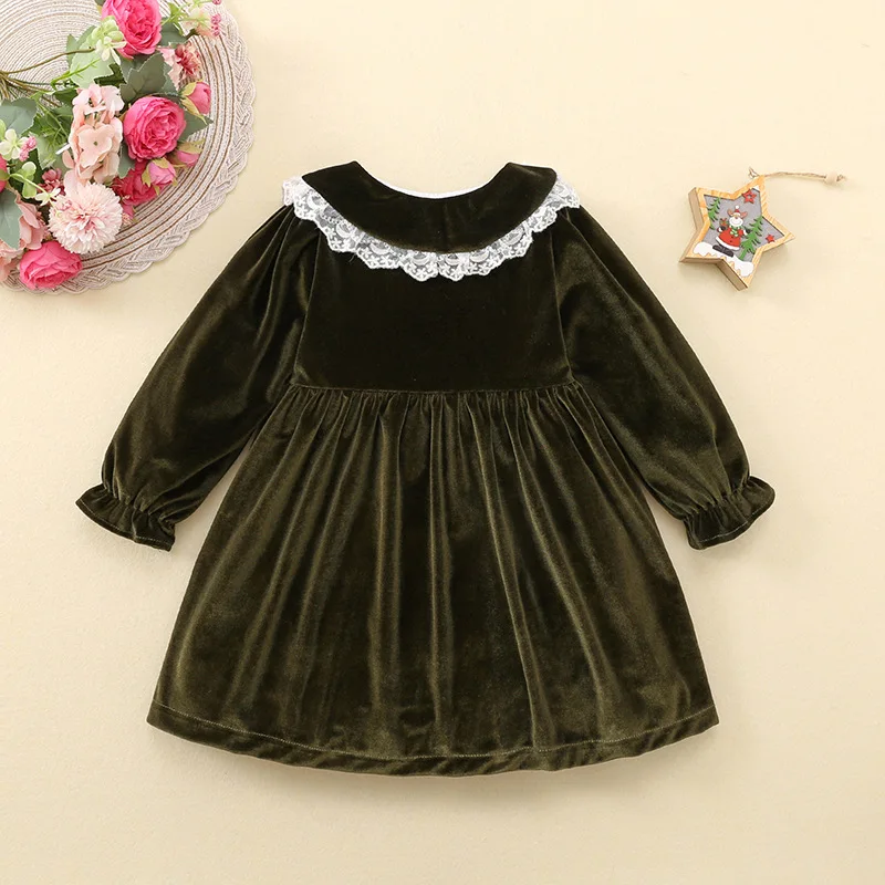 Vintage Baby Girl Green Velvet Dress Long Sleeve Little Girls Clothing Children Smock Dresses Infant Boutique Princess Clothes