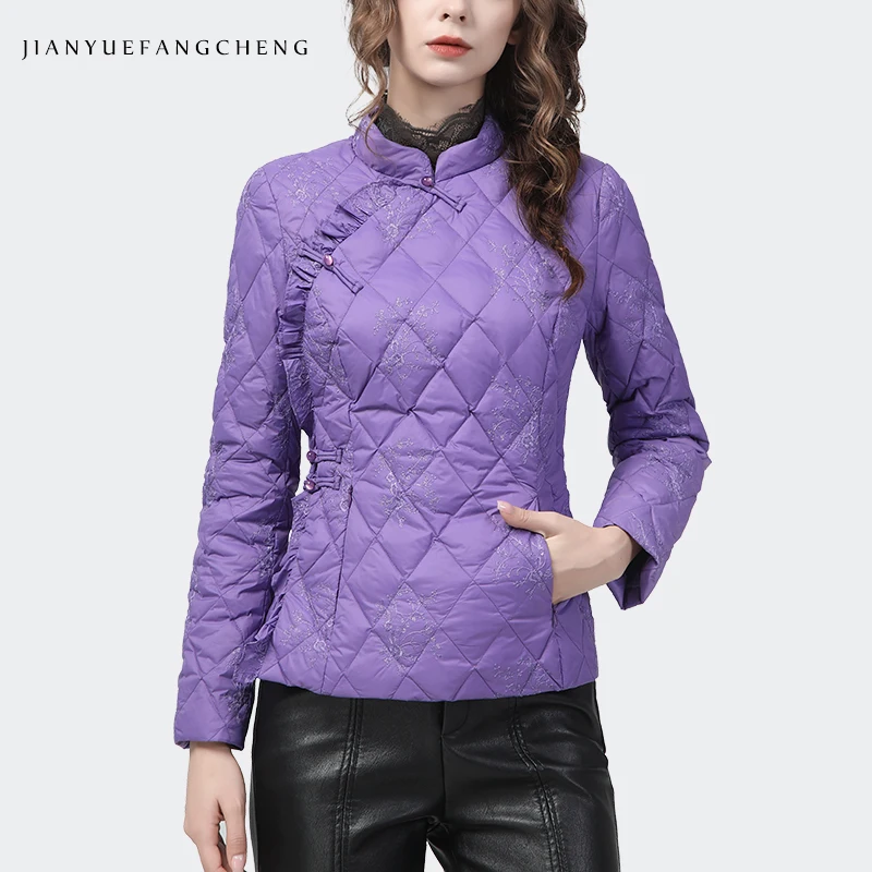 Women Vintage Disc Button Purple Embroidered Down Jacket Winter Warm Thicken White Duck Down Puffer Coat Elegant Slim Jackets