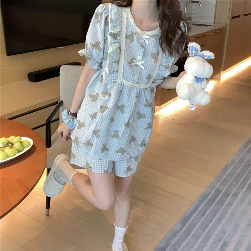 Ruffles Cartoon Bear Summer Pajamas Set Women Kawaii Blue Plaid Sleepwear Cotton Two Piece Home Suit Bow Puff Sleeve Shirts