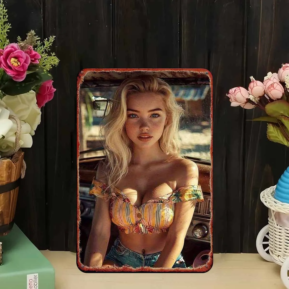 Rustproof Vintage Metal Sign, Summer Car & Blonde Woman Art, Pre-Drilled Holes, Indoor Outdoor Wall Decor for Man Cave Bar Garag