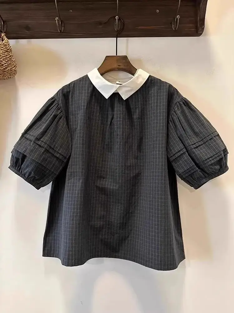 

Женские свободные блузки оверсайз в винтажную клетку с отложным воротником и пышными рукавами, черные повседневные рубашки, новинка лета 2026