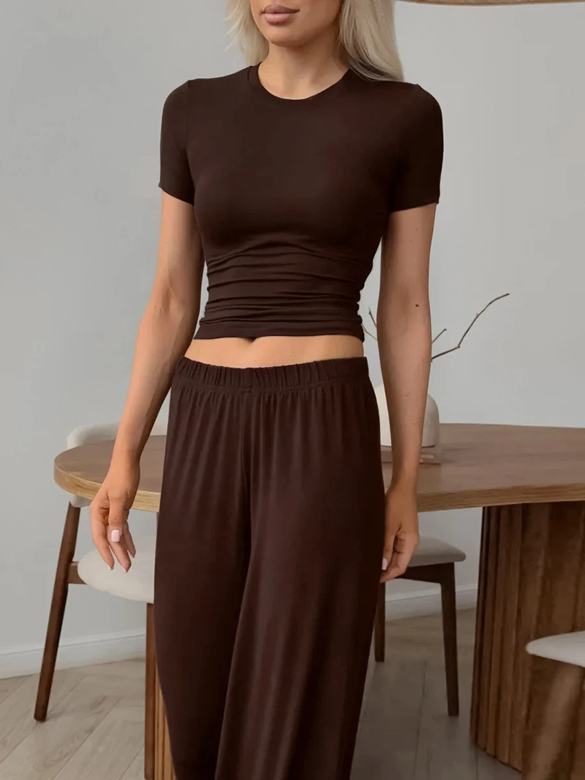 

Marthaqiqi Home Clothes Ladies O-Neck Sleepwear Short Sleeve Nightgown Crop Top Nightwear Pants Casual Female Pajama 2 Piece Set