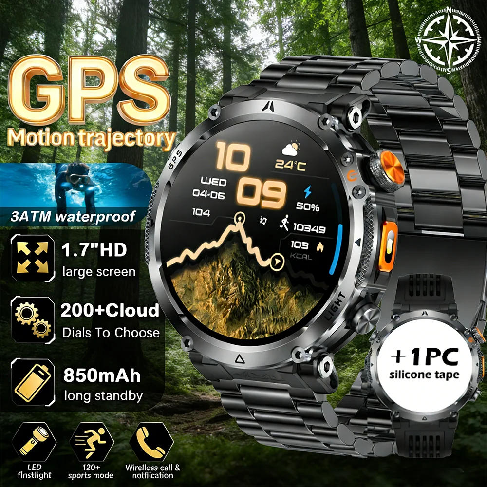 2026  model Smart Watch Men Outdoor Sport Fitness GPS Positioning Tracking BT Calling 850mAh Large Battery LED Flashlight Smartw