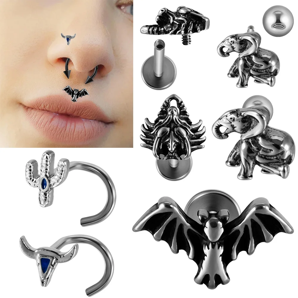 1PC Stainless Steel Cactus Nose Studs Elephant Bat Lip Ring Crystal Cluster Ear Cartilage Tragus Helix Daith Piercing Jewelry