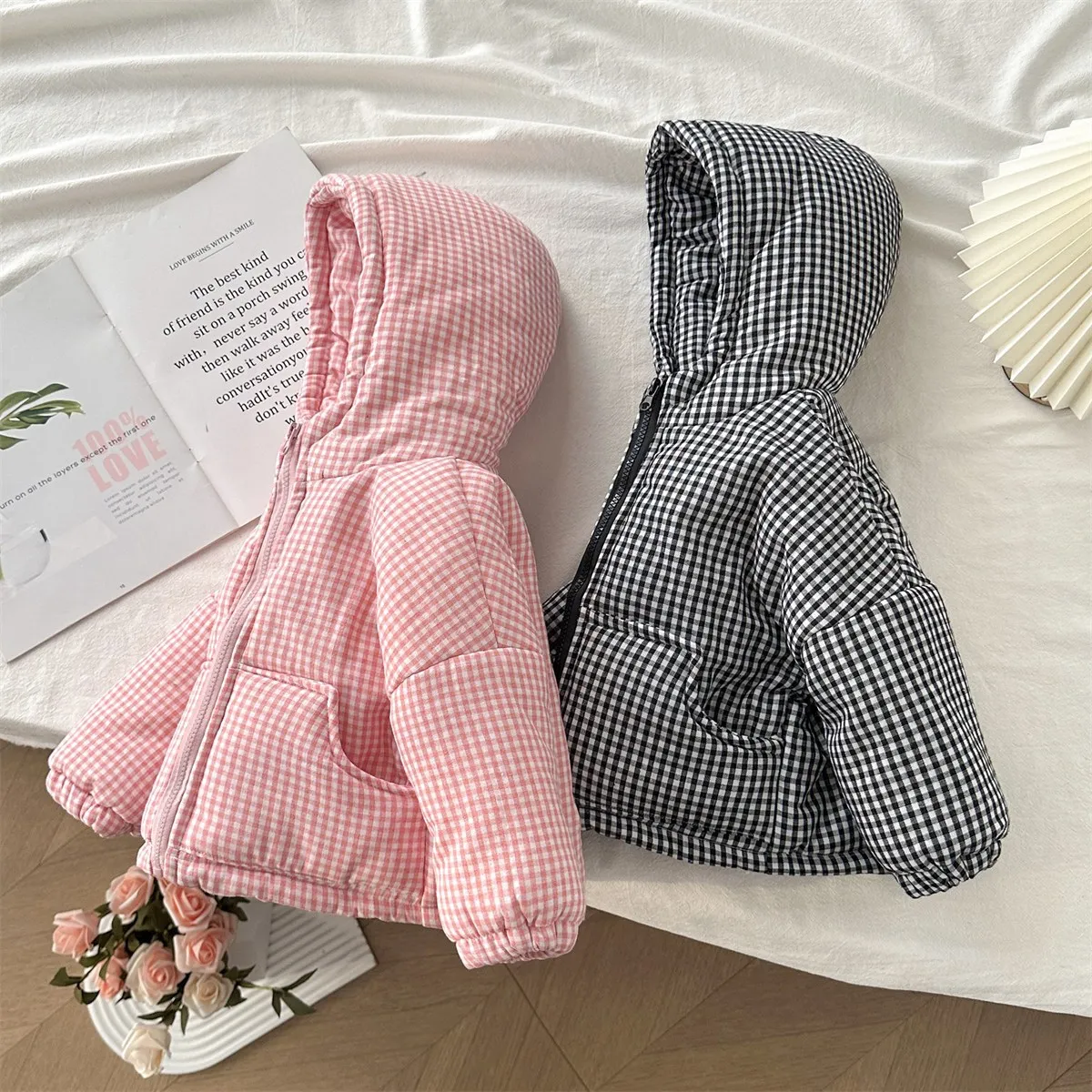 Baby Girl Cotton Padded Jacket Autumn/Winter New Children's Plush Thickened Hoodie Plaid Coat 80-130cm