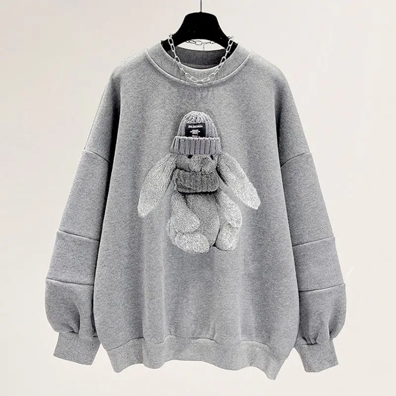 Fashion Pullovers Women Autumn Winter Trend Plush Thick Pullover Cute Rabbit Design Top Korean Loose Long Sleeve Top Y2k Clothes