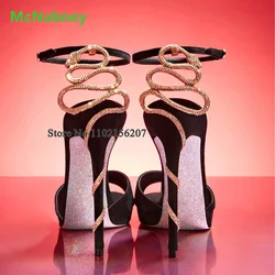 Back Snake Design Luxury Sandals For Female Women Round Toe Ankle Buckle Strap Thin High Heel Black Color Fashion Runway Shoes